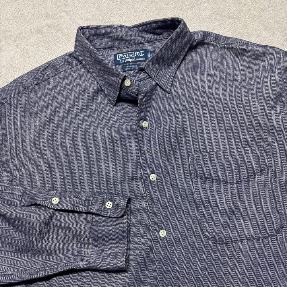 VTG Polo Ralph Lauren Shirt Mens XL Marlowe Blue Herringbone Button Down EUC